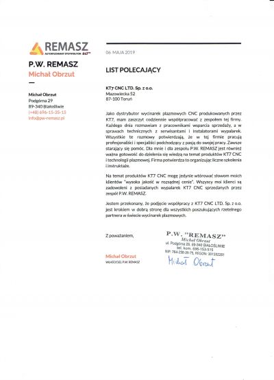 KT7 CNC - list referencyjny PW Remasz